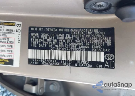 2007 Toyota Corolla Le z USA, uszkodzony, nr VIN 2T1BR32E47C802348